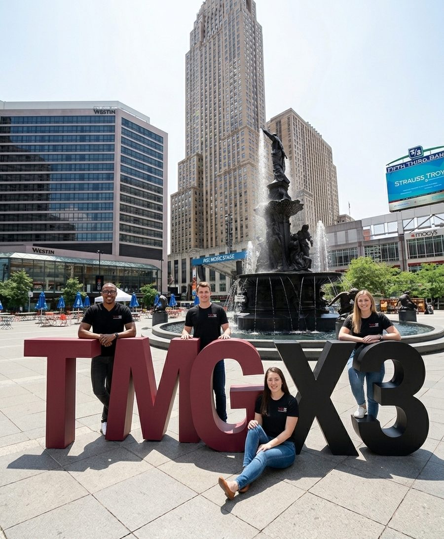 The TMG team gathered around giant TMG x3 letters at Fountain Square in Cincinnati