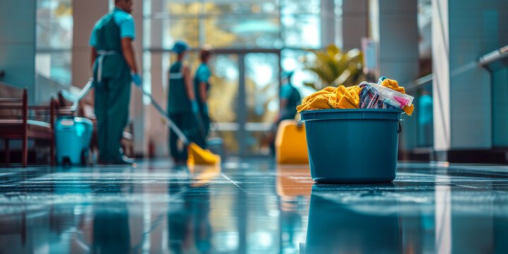 TMG janitorial crew cleaning a commercial lobby